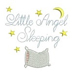 Little Angel Sleeping script lettering with pillow moon and stars machine embroidery design from http://www.needlepassionembroidery.com