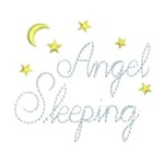 Little Angel sleeping script lettering with moon and stars machine embroidery design from http://www.needlepassionembroidery.com