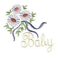 Baby script lettering, text, writing, daisies, daisy, baby pack, needle passion embroidery machine embroidery design, ART PES HUS JEF and DST formats
