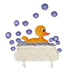 Yellow rubber duck in a bath tub with lots of bubbles, bath time fun, water, splashing, bathtime, machine embroidery designs for kid's towels and bathrobes from Needle Passion Embroidery design in multiple embroidery formats