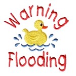 Flood warning lettering text with yellow rubber duck swimming, bath time fun, water, splashing, bathtime, machine embroidery designs for kid's towels and bathrobes from Needle Passion Embroidery design in multiple embroidery formats