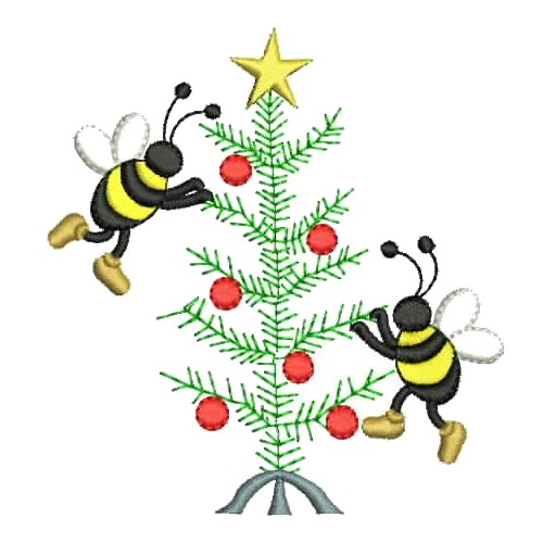 machine embroidery design Bumble Bees Christmas decorating a Charlie Brown type Christmas tree, bee insect bug bumble buzz decoration decorating christmas xmas pine tree ball ornament winter season charlie brown