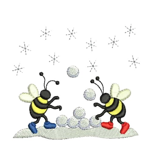 machine embroidery design Bumble Bees at snowball war, bumble bee insect bug bumble buzz snow ball snow flake snowball snowflake winter christmas xmas cold ice fight war icy