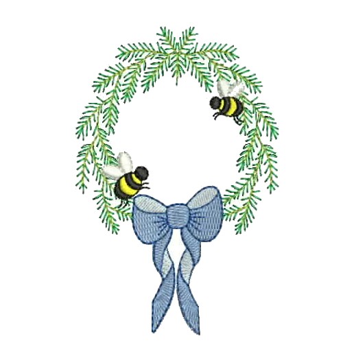 machine embroidery design Bumble Bees in Christmas Wreath,Bumble bee insect bug wasp bumble buzz wreath garland pine bough bow ribbon winter christmas xmas