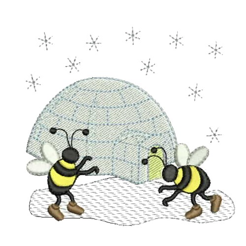 machine embroidery design igloo bumble bees, bumble bee insect bug wasp bumble buzz snow snowflake flake winter christmas xmas cold ice blocks igloo iglu house home frozen