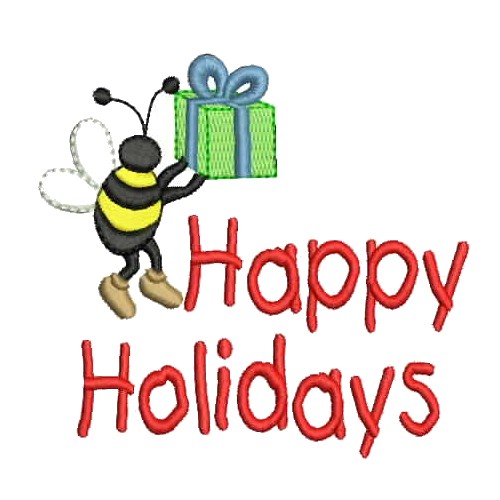 machine embroidery design Happy Holidays Bumble Bee carrying a present,bumble bee insect bug bumble buzz present gift box parcel bow christmas xmas winter holiday season lettering saying happy holidays