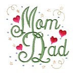 Mom and Dad Script lettering with hearts swirls and confetti machine embroidery design from Needle Passion Embroidery