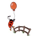 ladybug hanging on a balloon flying away over a fence machine embroidery design