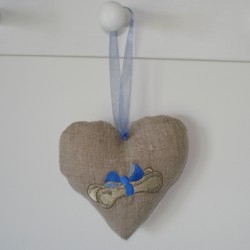 dog bone in a bow padded heart hanging ornament made in the machine embroidery hoop lavender filled linen heart needle passion embroidery npe