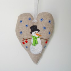 snowman padded heart hanging ornament made in the machine embroidery hoop lavender filled linen heart needle passion embroidery npe