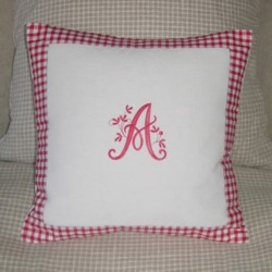 Gingham white cotton cushion with vintage A monogram letter