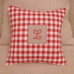 Monogrammed cushion in red gingham cotton with linen patch with letter L from the Paris Alphabet at Needle Passion Embroidery